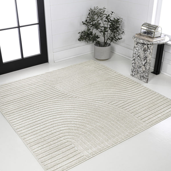 HomeRoots 6' Ivory and Cream Square Striped Area Rug - Durable Indoor/Outdoor Design for Modern Spaces 704039
