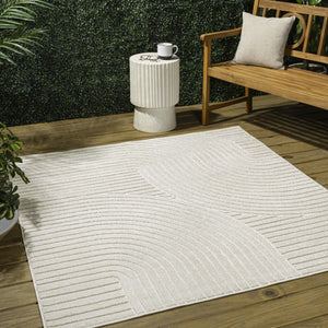 HomeRoots 6' Ivory and Cream Square Striped Area Rug - Durable Indoor/Outdoor Design for Modern Spaces 704039