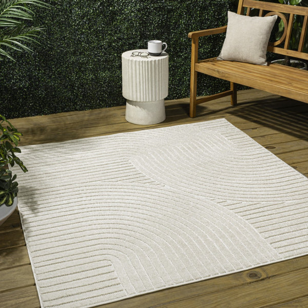 HomeRoots 6' Ivory and Cream Square Striped Area Rug - Durable Indoor/Outdoor Design for Modern Spaces 704039