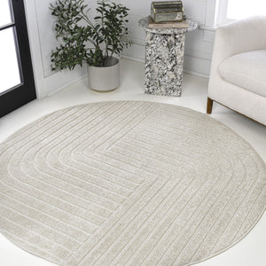 HomeRoots 5' Ivory and Cream Striped Round Area Rug for Indoor/Outdoor Use - Modern, Durable, Easy Care Style 704052