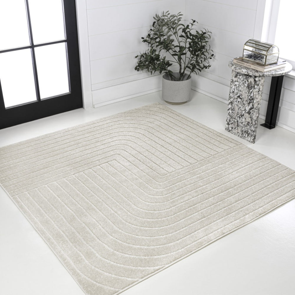 HomeRoots 5' Ivory and Cream Striped Square Area Rug – Modern Indoor/Outdoor Decor with High-Low Texture 704053