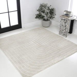 HomeRoots 5' Ivory and Cream Striped Square Area Rug – Modern Indoor/Outdoor Decor with High-Low Texture 704053