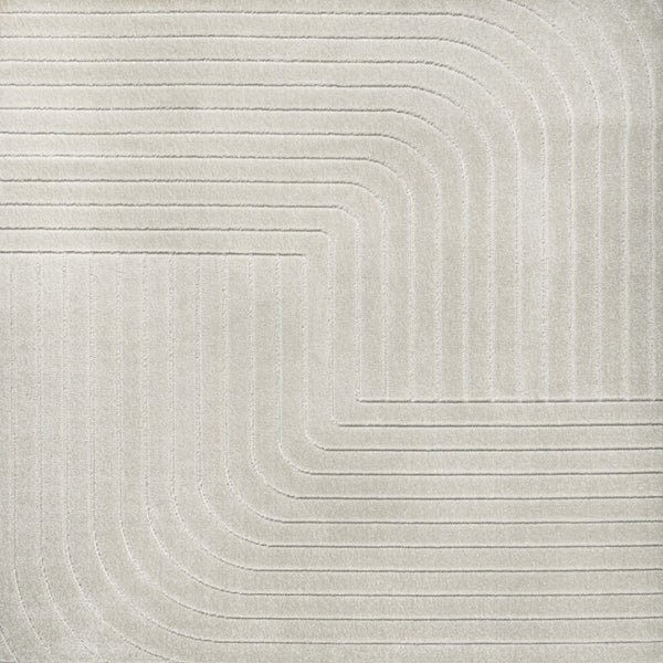 HomeRoots 5' Ivory and Cream Striped Square Area Rug – Modern Indoor/Outdoor Decor with High-Low Texture 704053