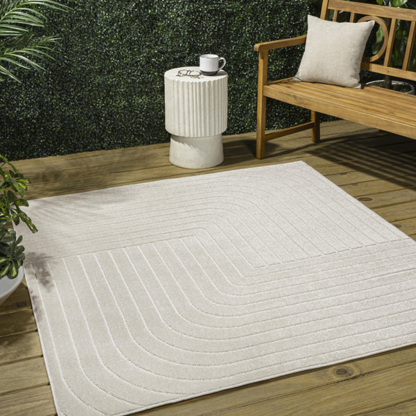 HomeRoots 5' Ivory and Cream Striped Square Area Rug – Modern Indoor/Outdoor Decor with High-Low Texture 704053
