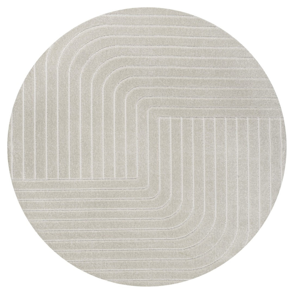 HomeRoots 9' Ivory and Cream Round Striped Area Rug - Durable Indoor/Outdoor Design for Modern Spaces 704062