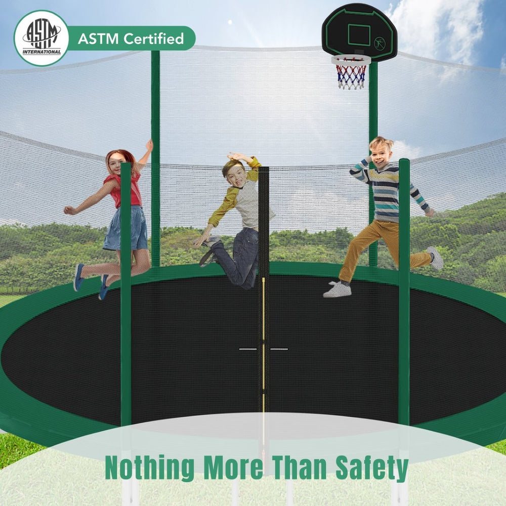 English Elm 14ft Round Backyard Trampoline with Enclosed Safety Net Basketball Hoop and Ladder Green N739S000003F