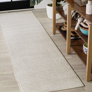HomeRoots 10' Ivory and Cream Striped Runner Rug – Stylish Indoor/Outdoor Low-Profile Design for High Traffic Areas 704068