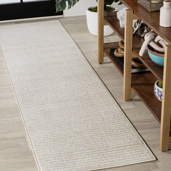 HomeRoots 10' Ivory and Cream Striped Runner Rug – Stylish Indoor/Outdoor Low-Profile Design for High Traffic Areas 704068