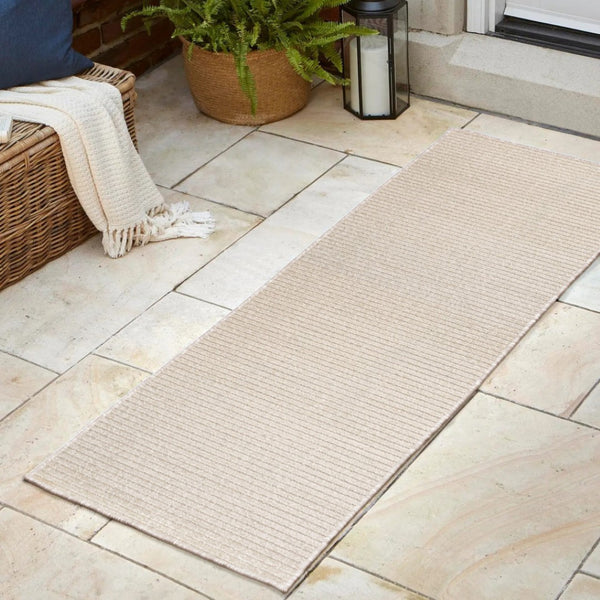 HomeRoots 10' Ivory and Cream Striped Runner Rug – Stylish Indoor/Outdoor Low-Profile Design for High Traffic Areas 704068