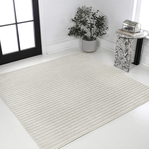 HomeRoots 5' Ivory and Cream Square Striped Area Rug – Versatile Indoor/Outdoor Decor with Modern Style & Durability 704070
