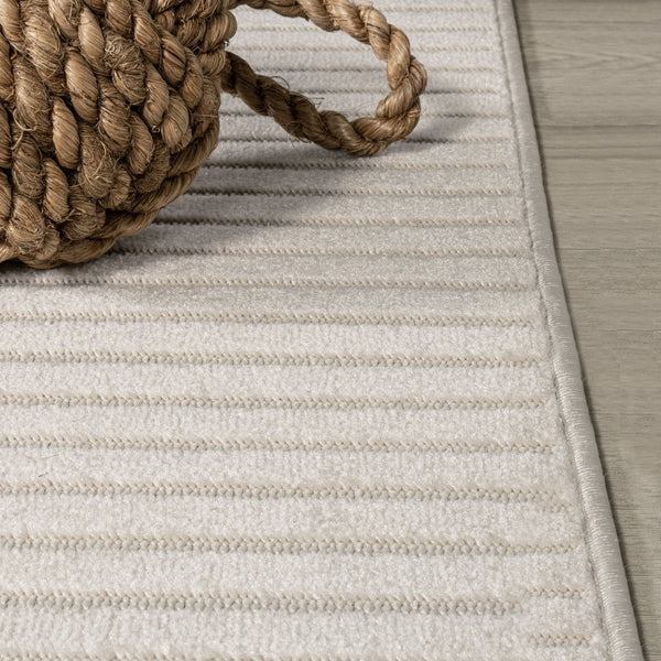 HomeRoots 5' Ivory and Cream Square Striped Area Rug – Versatile Indoor/Outdoor Decor with Modern Style & Durability 704070