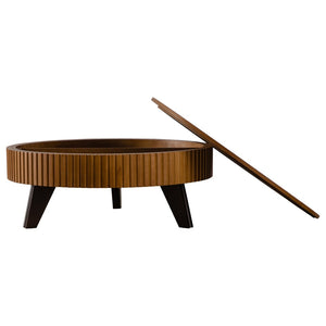 English Elm 39.37" Round Retro Coffee Table Solid Wood Legs Lower Shelf Natural Living Room W757P370275