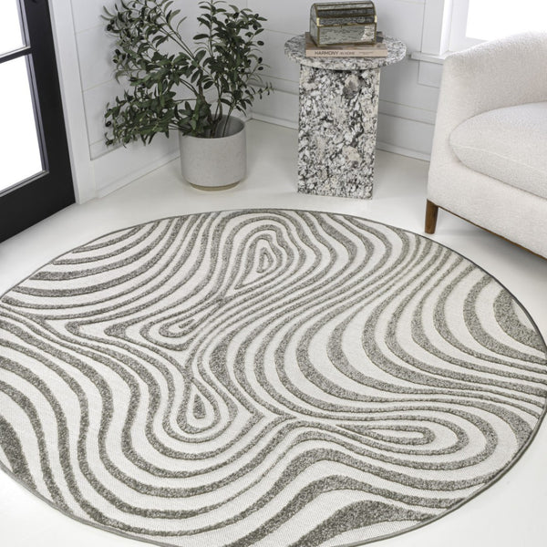HomeRoots 7' Gray and Ivory Round Abstract Area Rug - Modern Indoor/Outdoor Design for Versatile Spaces 704108