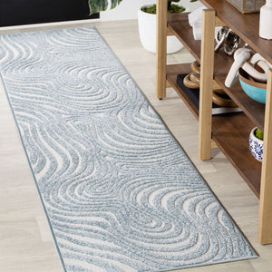 HomeRoots 10' Light Blue and Ivory Abstract Runner Rug – Stylish Indoor/Outdoor Design for Coastal Elegance 704119