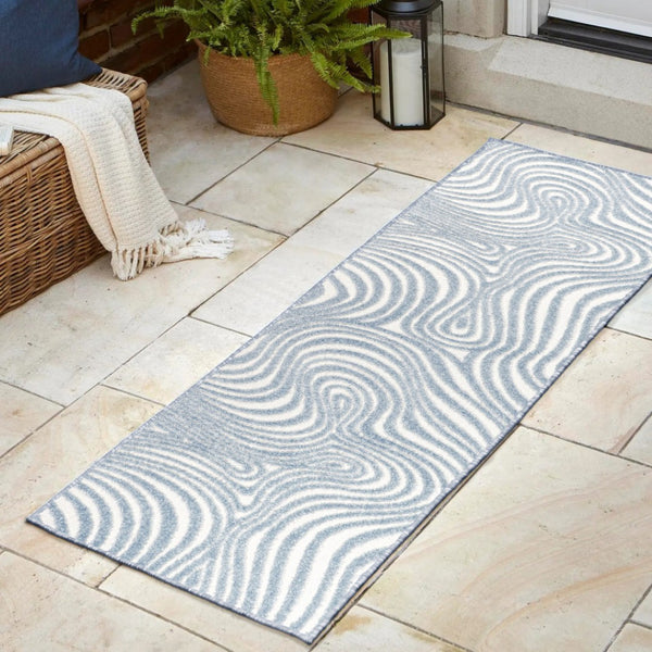 HomeRoots 10' Light Blue and Ivory Abstract Runner Rug – Stylish Indoor/Outdoor Design for Coastal Elegance 704119