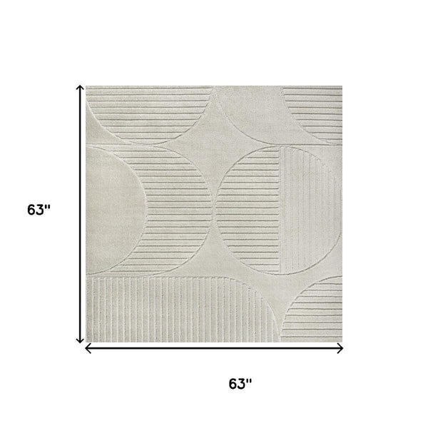 HomeRoots 5' Ivory and Cream Striped Square Rug – Stylish Indoor/Outdoor Accent for Modern Spaces & Easy Care 704138