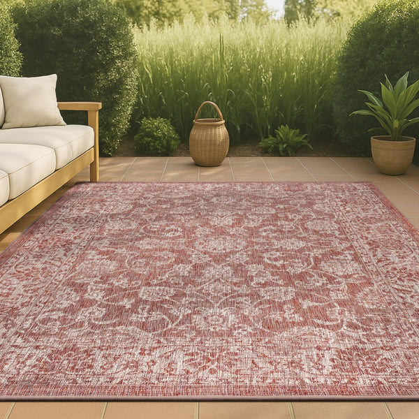 HomeRoots 10' Red and Taupe Medallion Indoor Outdoor Area Rug - Stylish, Durable, Weather-Resistant Design 704165
