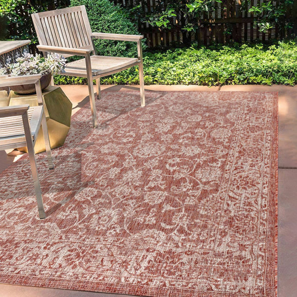 HomeRoots 10' Red and Taupe Medallion Indoor Outdoor Area Rug - Stylish, Durable, Weather-Resistant Design 704165