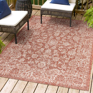 HomeRoots 10' Red and Taupe Medallion Indoor Outdoor Area Rug - Stylish, Durable, Weather-Resistant Design 704165