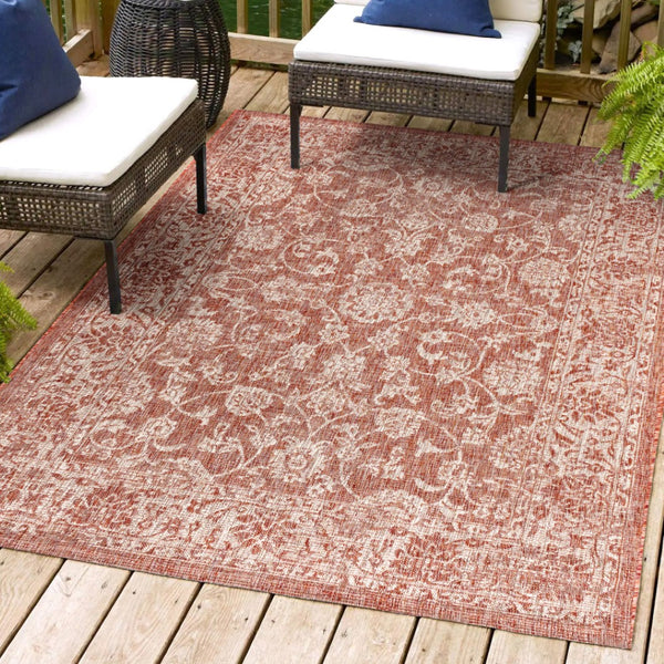 HomeRoots 10' Red and Taupe Medallion Indoor Outdoor Area Rug - Stylish, Durable, Weather-Resistant Design 704165