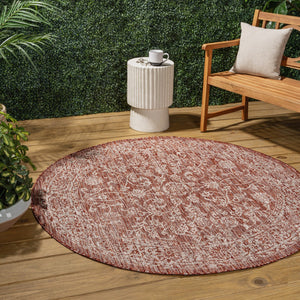 HomeRoots 5' Round Medallion Area Rug in Rich Red and Taupe – Stylish & Durable for Indoor/Outdoor Spaces 704167