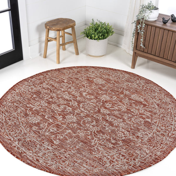 HomeRoots 6' Round Medallion Indoor-Outdoor Area Rug in Striking Red & Taupe - Durable, Stylish, Easy-Clean Design 704170