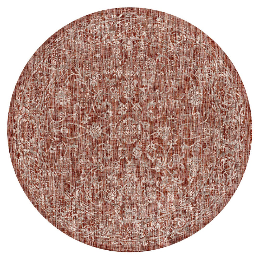 HomeRoots 6' Round Medallion Indoor-Outdoor Area Rug in Striking Red & Taupe - Durable, Stylish, Easy-Clean Design 704170