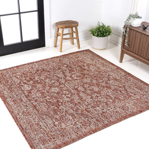 HomeRoots 6' Square Medallion Indoor/Outdoor Area Rug in Bold Red & Taupe – Stylish, Durable & Versatile Decor 704171