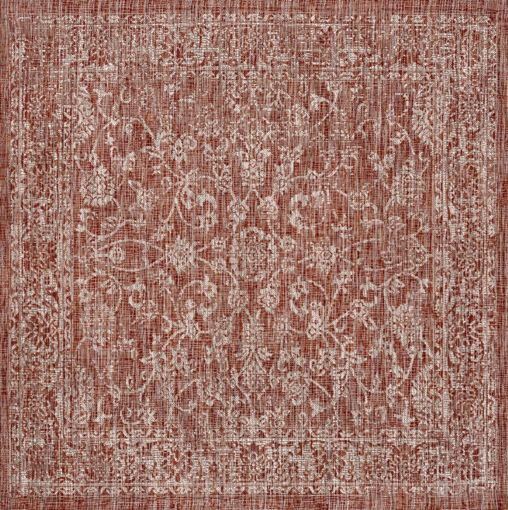 HomeRoots 6' Square Medallion Indoor/Outdoor Area Rug in Bold Red & Taupe – Stylish, Durable & Versatile Decor 704171