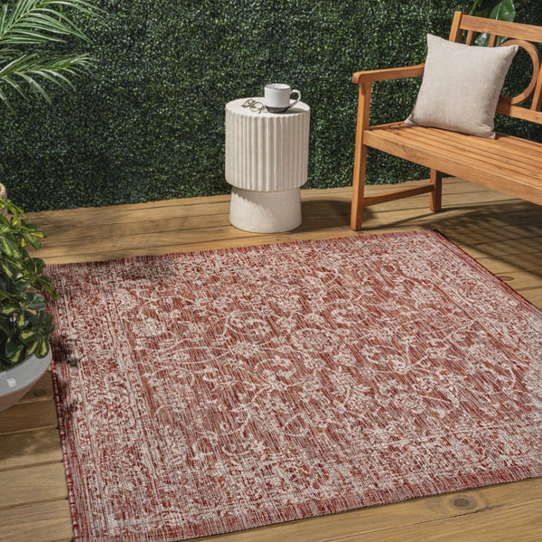 HomeRoots 6' Square Medallion Indoor/Outdoor Area Rug in Bold Red & Taupe – Stylish, Durable & Versatile Decor 704171