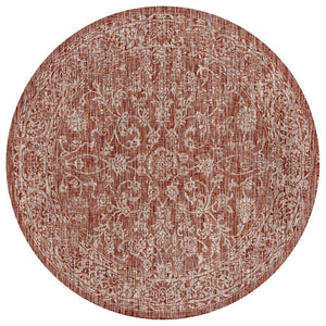 HomeRoots 8' Round Medallion Area Rug in Bold Red & Taupe - Stylish, Durable, Indoor/Outdoor Decor Essential 704172