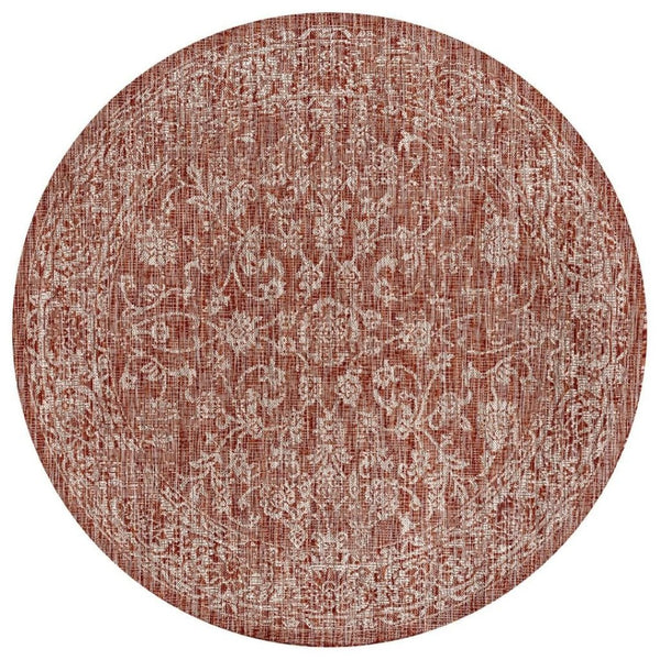 HomeRoots 8' Round Medallion Area Rug in Bold Red & Taupe - Stylish, Durable, Indoor/Outdoor Decor Essential 704172