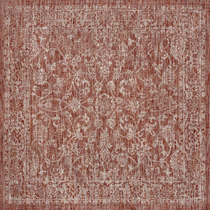 HomeRoots 9' Striking Red and Taupe Square Medallion Rug - Modern Indoor/Outdoor Accent for Any Space! 704175