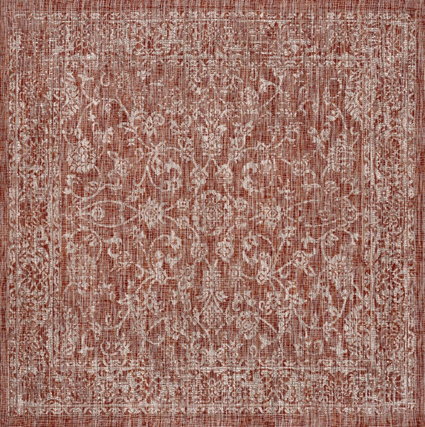 HomeRoots 9' Striking Red and Taupe Square Medallion Rug - Modern Indoor/Outdoor Accent for Any Space! 704175