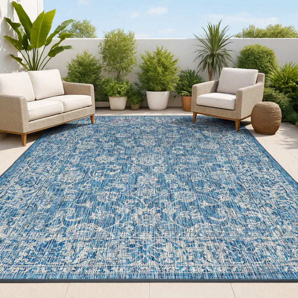 HomeRoots 10' Navy Blue and Gray Medallion Area Rug – Durable Indoor/Outdoor Design for Elegant Spaces 704176