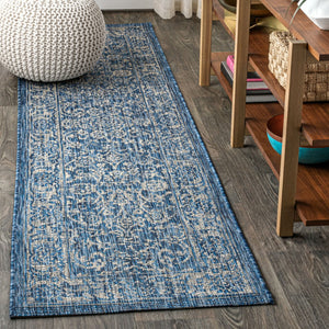 HomeRoots 10' Navy Blue and Gray Medallion Indoor-Outdoor Runner Rug – Durable, Stylish Pathway for Any Space 704177