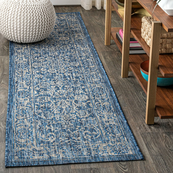 HomeRoots 10' Navy Blue and Gray Medallion Indoor-Outdoor Runner Rug – Durable, Stylish Pathway for Any Space 704177