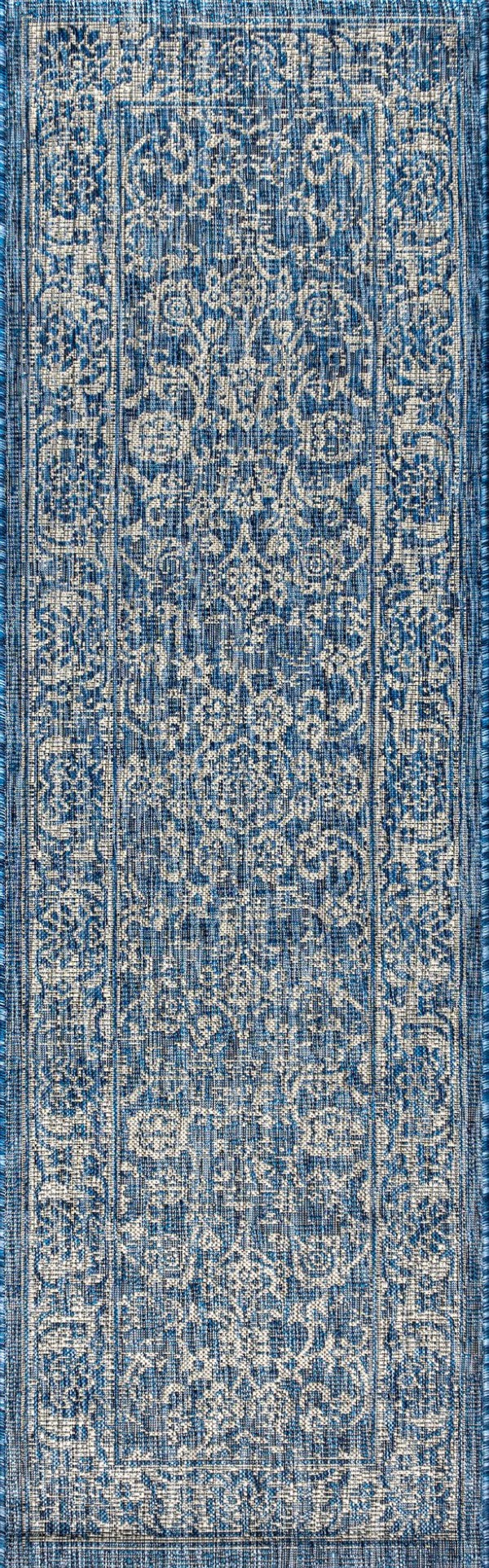 HomeRoots 10' Navy Blue and Gray Medallion Indoor-Outdoor Runner Rug – Durable, Stylish Pathway for Any Space 704177