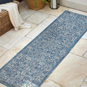 HomeRoots 10' Navy Blue and Gray Medallion Indoor-Outdoor Runner Rug – Durable, Stylish Pathway for Any Space 704177