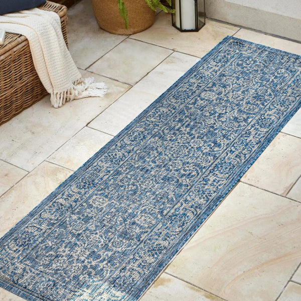 HomeRoots 10' Navy Blue and Gray Medallion Indoor-Outdoor Runner Rug – Durable, Stylish Pathway for Any Space 704177