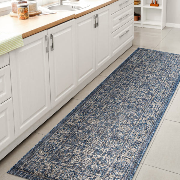 HomeRoots 10' Navy Blue and Gray Medallion Indoor-Outdoor Runner Rug – Durable, Stylish Pathway for Any Space 704177