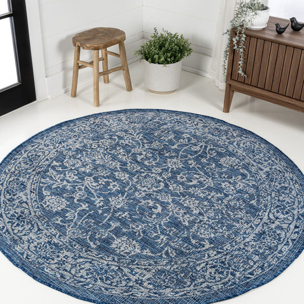 HomeRoots 5' Navy Blue & Gray Round Medallion Rug - Durable Indoor/Outdoor Accent for Stylish Spaces, Easy Care 704179
