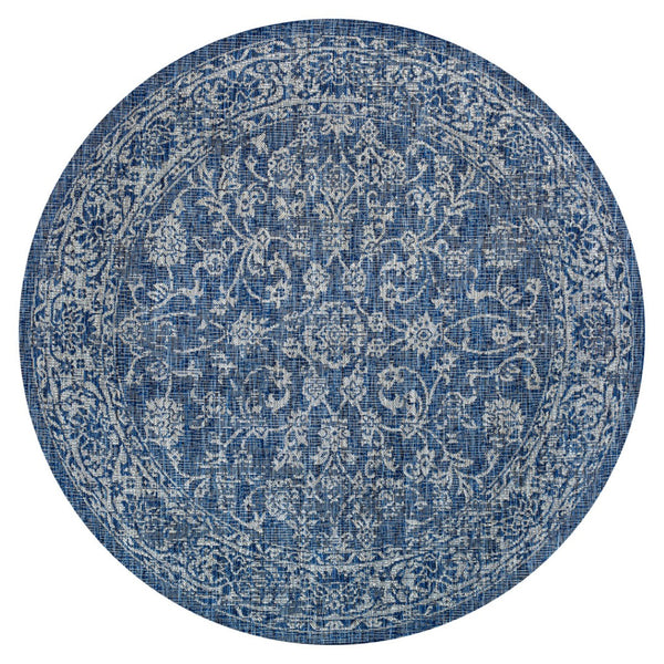 HomeRoots 5' Navy Blue & Gray Round Medallion Rug - Durable Indoor/Outdoor Accent for Stylish Spaces, Easy Care 704179