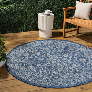HomeRoots 5' Navy Blue & Gray Round Medallion Rug - Durable Indoor/Outdoor Accent for Stylish Spaces, Easy Care 704179
