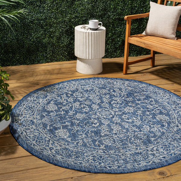 HomeRoots 5' Navy Blue & Gray Round Medallion Rug - Durable Indoor/Outdoor Accent for Stylish Spaces, Easy Care 704179