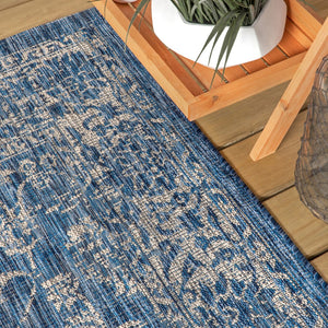 HomeRoots 5' Navy Blue & Gray Round Medallion Rug - Durable Indoor/Outdoor Accent for Stylish Spaces, Easy Care 704179