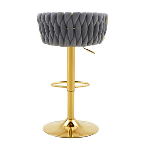English Elm Set of 2 Velvet Swivel Barstools with Braided Rope Back and Adjustable Pedestal Base Gold,Gray W3875P383914