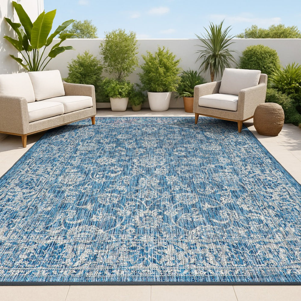 HomeRoots 6' X 9' Elegant Navy Blue & Gray Medallion Indoor-Outdoor Area Rug - Durable & Stylish for Any Space 704181