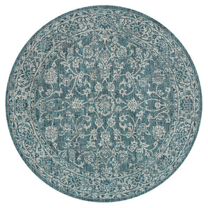 HomeRoots 5' Teal Blue and Gray Round Medallion Rug – Stylish Indoor/Outdoor Area Rug for Modern Spaces 704190