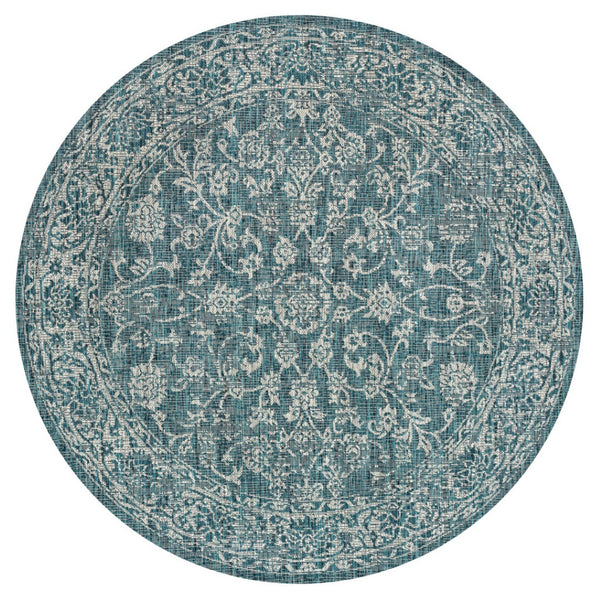 HomeRoots 5' Teal Blue and Gray Round Medallion Rug – Stylish Indoor/Outdoor Area Rug for Modern Spaces 704190